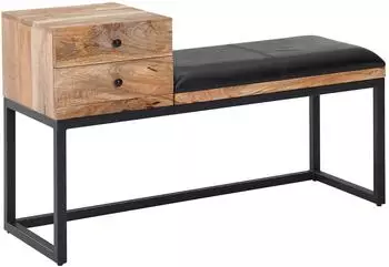 Wohnling Sitzbank Ziegenleder Massivholz 100x60x35cm Retro mit Stauraum, Schwarz (WL6.483)