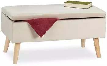 Relaxdays Sitztruhe Samtbezug, Holzbeine, 40L, 120kg, creme