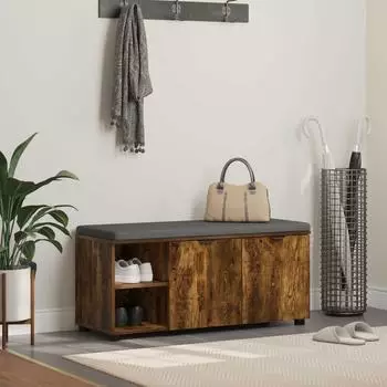 vidaXL Flurbank mit Kissen und T&uuml;r, ger&auml;ucherte Eiche, 100x38x46cm (891516)