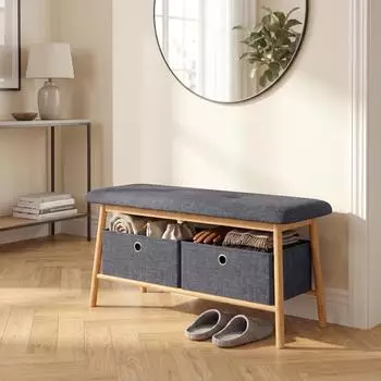 en.casa Vad Sitzbank mit Stauraum, gepolstert, Bambus, 90x30x45cm, natur/grau