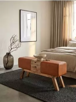 KADIMA DESIGN Turnbock Sitzbank mit Schubladen, Echtleder/Massivholz, braun, 120x56x30cm