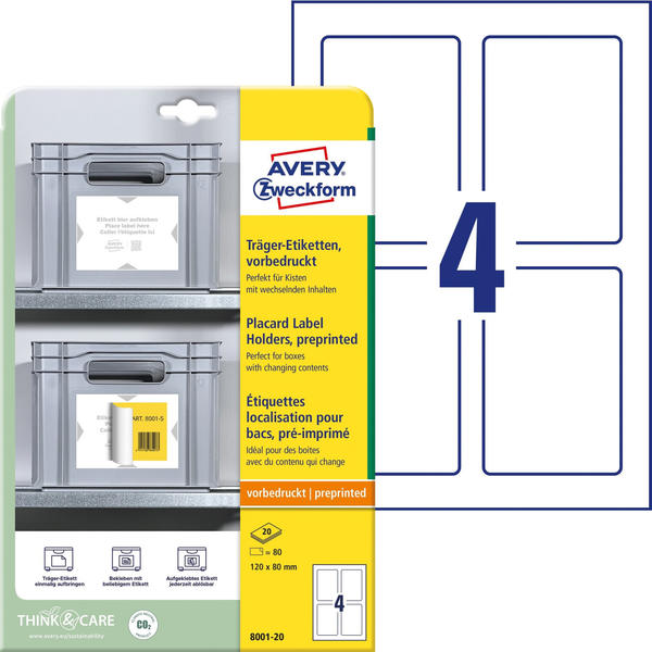 Avery Zweckform 8001-20 Träger-Etiketten, 120 x 80 mm, 20 Bogen/80 Etiketten, weiß, hellgrau