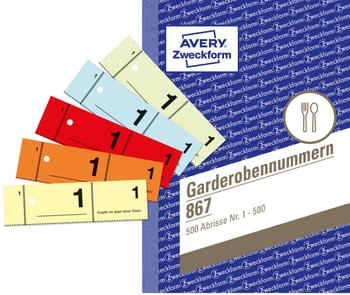 Avery Zweckform 867 Garderobennummern 5-farbig A6 1-500 Abschnitte pro Buch 2 B&uuml;cher pro Farbe
