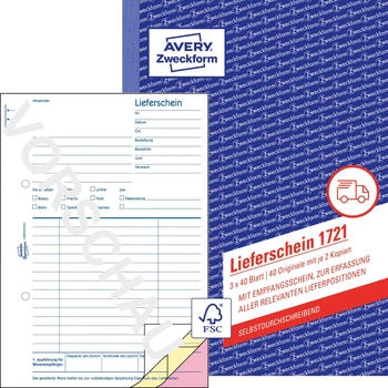 Avery Zweckform 1721 Lieferscheine mit Empfangsschein A5 selbstdurchschreibend 3x40 Blatt