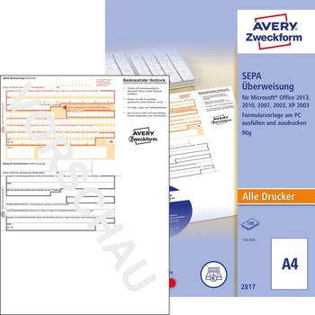 Avery Zweckform 2817 Sepa-&Uuml;berweisung PC-Druckerformular inkl. Software-CD A4 100 Blatt