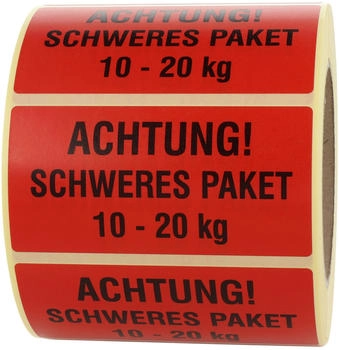Labelident Warnetiketten 100 x 50 mm, Achtung! Schweres Paket 10 kg bis 20 kg, Papier, rot-schwarz, 1.000 Stück (V55-100X050RD)