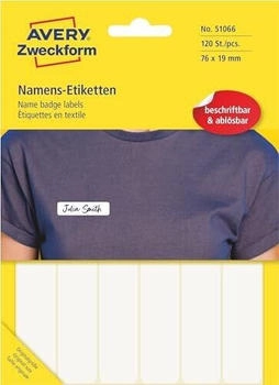 Avery Art. 51064 Namensetiketten f&uuml;r Kleidung (120 Namensaufkleber, 76x19mm, selbstklebend, Textiletiketten aus Folie, Namensschild handbeschriftbar, einfach abl&ouml;sbar) 10 Blatt, wei&szlig;