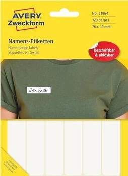 Avery Art. 51064 Namensetiketten f&uuml;r Kleidung (120 Namensaufkleber, 76x19mm, selbstklebend, Textiletiketten aus Acetatseide, Namensschild handbeschriftbar, einfach abl&ouml;sbar) 10 Blatt, wei&szlig;