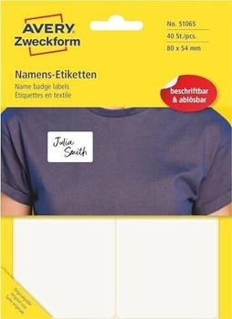 Avery Art. 51065 Namensetiketten f&uuml;r Kleidung (40 Namensaufkleber, 80x54mm, selbstklebend, Textiletiketten aus Folie, Namensschild handbeschriftbar, einfach abl&ouml;sbar) 10 Blatt, wei&szlig;