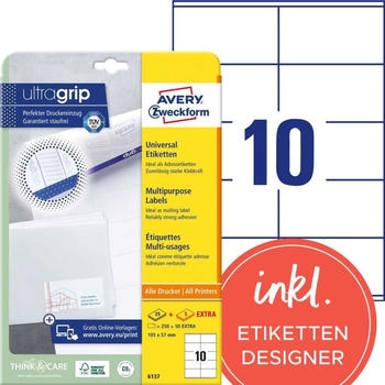 Avery 6137 Adressaufkleber (250 plus 50 Klebeetiketten extra, 105x57mm auf A4, Papier matt, bedruckbare Absenderetiketten, selbstklebende Adressetiketten mit ultragrip) 30 Blatt, wei&szlig;