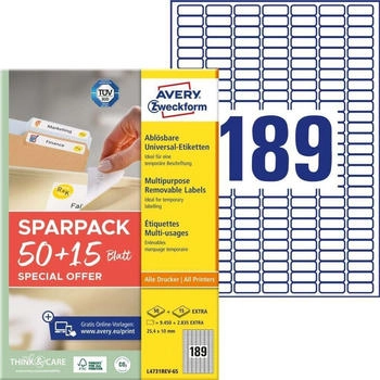 Avery L4731REV-65 Universal-Etiketten (9.450 plus 2.835 Klebeetiketten extra, 25,4x10mm auf A4, wieder r&uuml;ckstandsfrei abl&ouml;sbar/abziehbar, bedruckbar, selbstklebende Aufkleber) 65 Blatt, wei&szlig;