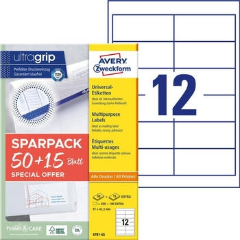 Avery 4781-65 Adressaufkleber (600 plus 180 Klebeetiketten extra, 97x42,3mm auf A4, Papier matt, bedruckbare Absenderetiketten, selbstklebende Adressetiketten mit ultragrip) 65 Blatt, wei&szlig;