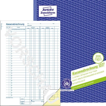 Avery Zweckform 1227 Recycling Kassenabrechnung MwSt.-Spalte f&uuml;r Einnahmen und Ausgaben A4 Recycling mit Blaupapier 2x50 Blatt