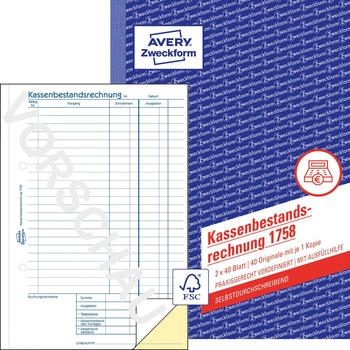 Avery Zweckform 1758 Kassenbestandsrechnung A5 selbstdurchschreibend 2x40 Blatt