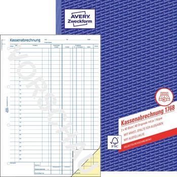 Avery Zweckform 1768 Kassenabrechnung A4 selbstdurchschreibend 2x40 Blatt