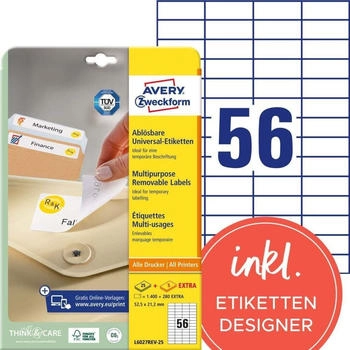 Avery L6027REV-25 Universal-Etiketten (1.400 plus 280 Klebeetiketten extra, 52,5x21,2mm auf A4, wieder r&uuml;ckstandsfrei abl&ouml;sbar/abziehbar, bedruckbar, selbstklebende Aufkleber) 30 Blatt, wei&szlig;
