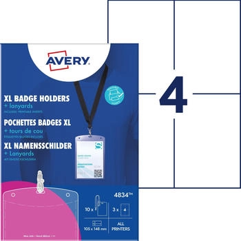 Avery Zweckform 4834, Namensschilder, 148 x 105 mm, 190 g/m&sup2;, 10 Schilder / 12 Einsteckschilder / 3 B&ouml;gen