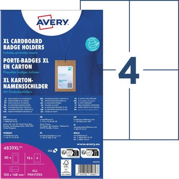 Avery Zweckform 4839XL, Namensschilder-Taschen gro&szlig;, 148 x 105 mm, 190 g/m&sup2;, 50 St&uuml;ck / 52 Einsteckschilder / 13 B&ouml;gen