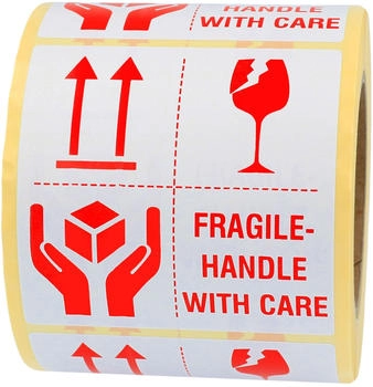 Labelident Warnetiketten 100 x 100 mm, fragile - handle with care, Papier, weiß-rot, 500 Stück
