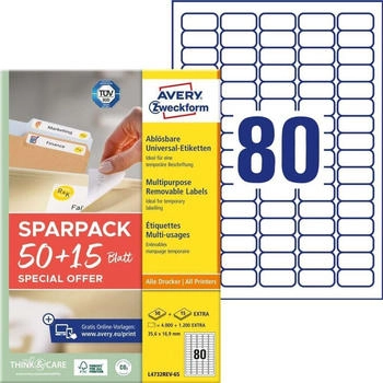 Avery 5.200 Etiketten wei&szlig; 35,6 x 16,9 mm 1 Pack = 65 Blatt