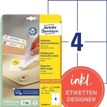 Avery L6028REV-25 Universal-Etiketten (100 plus 20 Klebeetiketten extra, 105x148mm auf A4, wieder r&uuml;ckstandsfrei abl&ouml;sbar/abziehbar, bedruckbar, selbstklebende Aufkleber) 30 Blatt, wei&szlig;