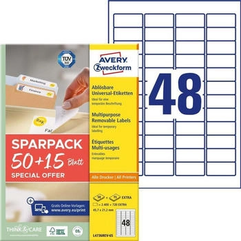 Avery L4736REV-65 Universal Etiketten (2.400 plus 720 Klebeetiketten extra, 45,7x21,2mm auf A4, wieder r&uuml;ckstandsfrei abl&ouml;sbar/abziehbar, bedruckbar, selbstklebende Aufkleber) 65 Blatt, wei&szlig;