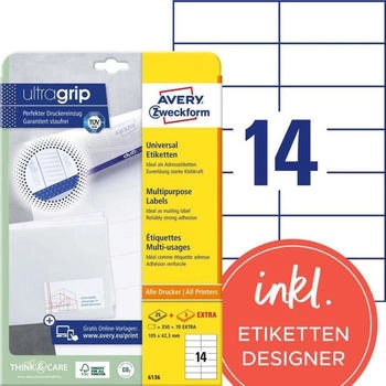 Avery 6136 Adressaufkleber (350 plus 70 Klebeetiketten extra, 105x42,3mm auf A4, Papier matt, bedruckbare Absenderetiketten, selbstklebende Adressetiketten mit ultragrip) 30 Blatt, wei&szlig;