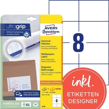 Avery 6138 Universal Etiketten (200 plus 40 Klebeetiketten extra, 105x74mm auf A4, Papier matt, individuell bedruckbar, selbstklebende Aufkleber mit ultragrip) 30 Blatt, wei&szlig;