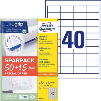 Avery 4780-65 Universal Etiketten (2.000 plus 600 Klebeetiketten extra, 48,5x25,4mm auf A4, Papier matt, individuell bedruckbar, selbstklebende Aufkleber mit ultragrip) 65 Blatt, wei&szlig;