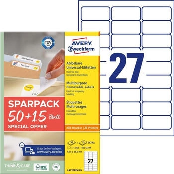 Avery 1.755 Etiketten wei&szlig; 63,5 x 29,6 mm 1 Pack = 65 Blatt