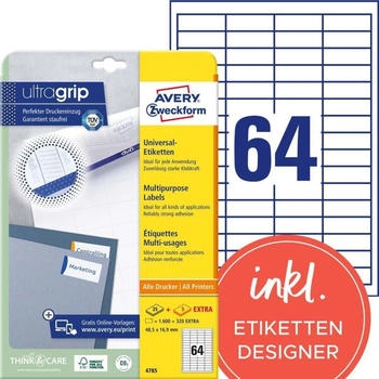 Avery 4785 Universal Etiketten (1.600 plus 320 Klebeetiketten extra, 48,5x16,9mm auf A4, Papier matt, individuell bedruckbar, selbstklebende Aufkleber mit ultragrip) 30 Blatt, wei&szlig;