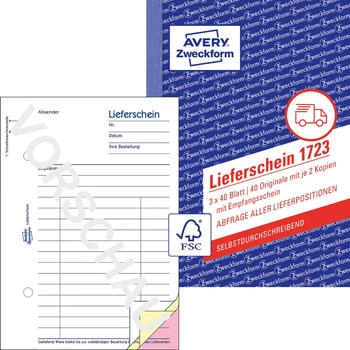 Avery Zweckform 1723 Lieferscheine mit Empfangsschein A6 selbstdurchschreibend 3x40 Blatt