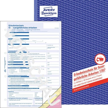 Avery Zweckform 1787 Erlaubnisschein f&uuml;r feuergef&auml;hrliche Arbeiten A4 selbstdurchschreibend je 3x40 Blatt