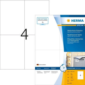Herma Inkjet-Etiketten 4599, Special, wei&szlig;, 105 x 148mm, matt, wetterfest, 40 Blatt, 160 St&uuml;ck