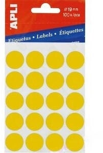 APLI runde Etiketten im Gehäuse Durchmesser 19 mm, gelb, 100 Stück, 20 pro Blatt (2063) (581163)