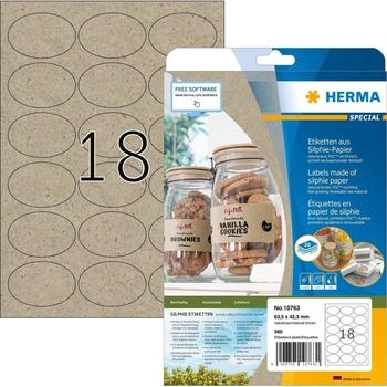 Herma Universaletiketten 10763, naturbraun, oval 63,5x42,3mm 20 Blatt Silphie-Papier 360 St&uuml;ck