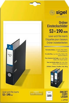 sigel LP734 Ordner-Einsteck-Schilder breit (A4, 100 Stück, 53x190 mm) 20 Blatt weiß