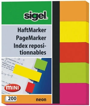 sigel HN655/10 Mini-Haftmarker Neon aus Papier, 5 Farben, 10 Stück á 200 Streifen im Format 12 x 50 mm