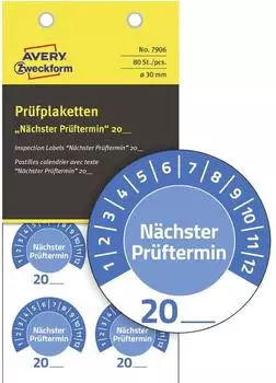 Avery Pr&uuml;fplaketten 'N&auml;chster Pr&uuml;ftermin' 20__ Vinyl 30mm 10 Bogen/80 Etiketten blau