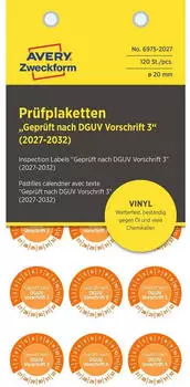 Avery Pr&uuml;fplaketten Geprueft nach DGUV 2027-2032 Vinyl 20mm 120 St&uuml;ck
