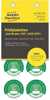 Avery Pr&uuml;fplaketten Gepr&uuml;ft gem&auml;&szlig; VDE 2026-2031 Vinyl 30mm 80 St&uuml;ck