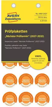 Avery Pr&uuml;fplaketten N&auml;chster Pr&uuml;ftermin 2027-2032 Vinyl 20mm 120 St&uuml;ck