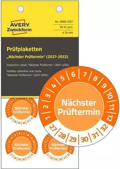 Avery Pr&uuml;fplaketten N&auml;chster Pr&uuml;ftermin 2027-2032 Vinyl 30mm 80 St&uuml;ck