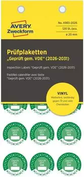 Avery Pr&uuml;fplaketten Gepr&uuml;ft gem&auml;&szlig; VDE 2026-2031 Vinyl 20mm 120 St&uuml;ck