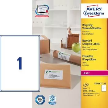 Avery Zweckform LR7167-100, Recycling Versand-Etiketten, A4, 199,6 x 289,1 mm, 100 Etiketten / 100 B&ouml;gen, naturwei&szlig;