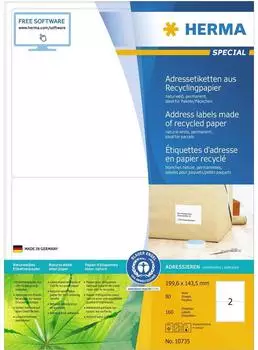 Herma Adressetiketten 10735, Special Recycling, wei&szlig;, 199,6 x 143,5mm, auf A4, 80 Blatt, 160 St&uuml;ck