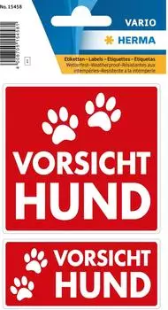 Herma Hinweisetiketten weterfest 2 Gr&ouml;&szlig;en Vorsicht Hund 1 Bl 2 Etik. - 15458