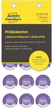 Avery Pr&uuml;fplaketten N&auml;chster Pr&uuml;ftermin 2028-2033 Vinyl 20mm 120 St&uuml;ck