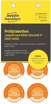 Avery Pr&uuml;fplaketten Geprueft nach DGUV 2027-2032 Vinyl 30mm 80 St&uuml;ck