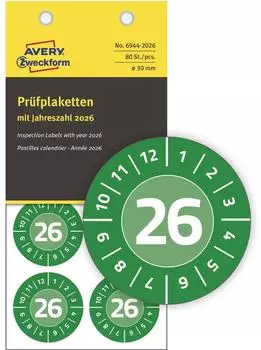 Avery Pr&uuml;fplaketten 2026 Vinyl gr&uuml;n 30mm (6944-2026)